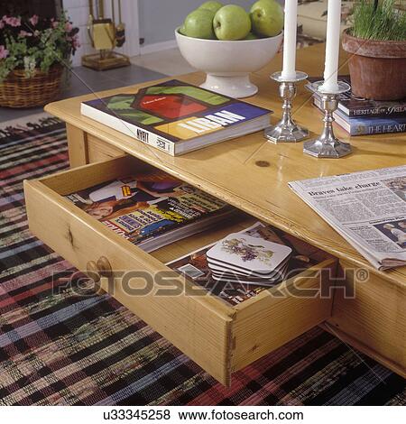 Stock Photo - LIVING ROOM DETAILS: Coffee table drawer detail with mixed plaid rug. . Fotosearch