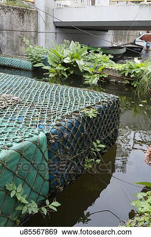 Stock Photo - Object covered in commercial fishing net floating on water. Fotosearch
