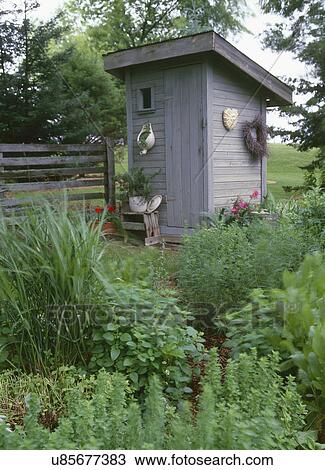 Stock Image - Outhouse and plants growing in garden. Fotosearch