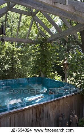 Picture - PATIO: hot tub under pergola. Fotosearch