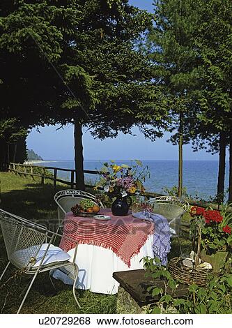 Stock Photo - PATIO: Informal woodland setting, bouquet of wildflowers, lake background, table chairs, stone wall with wood top buffet.. Fotosearch