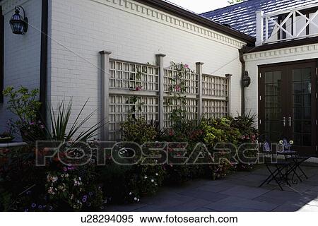 PATIO: white brick home, trellis along wall, container gardens, bluestone patio View Large Photo Image Stock Photography - PATIO: white brick home, trellis along wall, container gardens, bluestone patio. Fotosearch