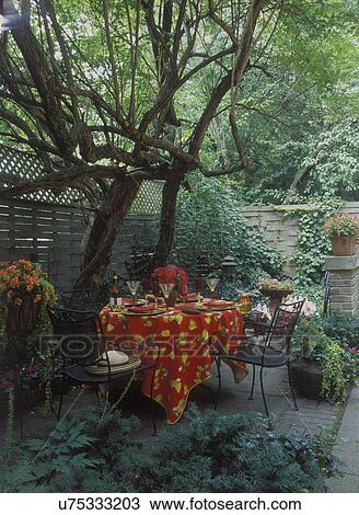 PATIO/COURT YARD/GARDEN: Ivy covered fenced city shade garden and patio, iron patio set, red tablecloth, red and gold table settings, tree on left side, OVERALL PATIO. View Large Photo Image Stock Image - PATIO/COURT YARD/GARDEN: Ivy covered fenced city shade garden and patio, iron patio set, red tablecloth, red and gold table settings, tree on left side, OVERALL PATIO.. Fotosearch