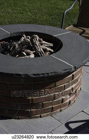 Patios Close Up Detail Of Circular Brick Fire Pit Stock Image