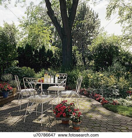 PATIOS: Version #2 Overall, glass top white iron table and chairs, large Elm tree provides shade, shade flower garden surrounds area, potted red New Guinea Impatients. View Large Photo Image Stock Photo - PATIOS: Version #2 Overall, glass top white iron table and chairs, large Elm tree provides shade, shade flower garden surrounds area, potted red New Guinea Impatients. . Fotosearch