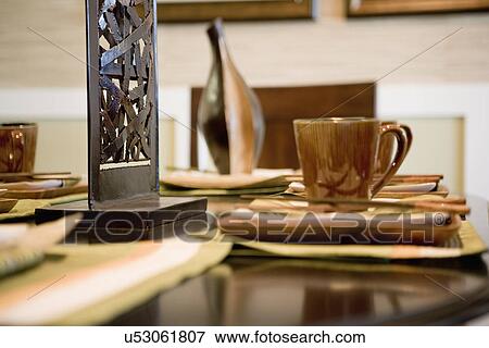 Place settings with mugs on dining room table; Oxnard; California; USA View Large Photo Image Stock Photo - Place settings with mugs on dining room table; Oxnard; California; USA. Fotosearch