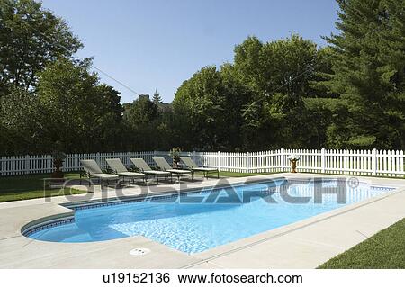 Stock Photograph - Pools: Overall of pool and surrounding area, white picket fence, 5 chaise lounges in a row by pool. Rectangular shape w/half circles at each end. Trees in background. Fotosearch