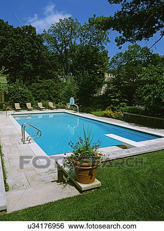 POOLS: View from elevated lawn area towards large 20' x 46' lap pool, retractable cover, Iowa limestone steps and patio, diving board, basketball hoop, patio furniture at far end with landscaping for privacy, four chaise lounges, terra cotta pot of flower View Large Photo Image Stock Photograph - POOLS: View from elevated lawn area towards large 20' x 46' lap pool, retractable cover, Iowa limestone steps and patio, diving board, basketball hoop, patio furniture at far end with landscaping for privacy, four chaise lounges, terra cotta pot of flower. Fotosearch