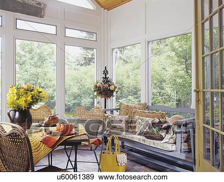 Porch/, sunroom:, segelflug, mit, kissen, korb, von, schnittbohnen