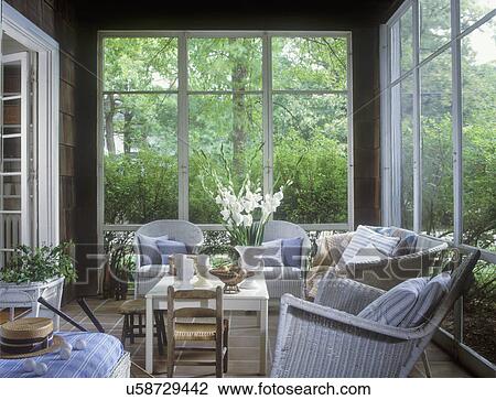 Porches White Wicker Rockers Sofa Blue And White Cushions