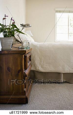 Potted plant and lamp on nightstand beside bed, San Diego, California, United States of America View Large Photo Image Stock Photo - Potted plant and lamp on nightstand beside bed, San Diego, California, United States of America. Fotosearch