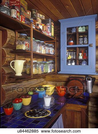 Rustic Cabins Kitchen Log House Cobalt Blue Tile Counter Fiesta Ware Cookies And Milk Medium Blue Wall Cabinet Collectibles Log Walls Tongue