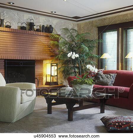 Sala, -, oriental, decor., ladrillo, chimenea, artes y artes, estilo