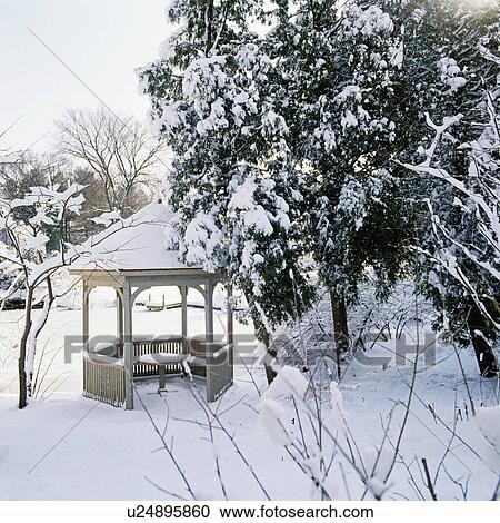 SEASONS: WINTER, Gazebo nestled along a row of snow covered trees, pale sunlit sky View Large Photo Image Stock Image - SEASONS: WINTER, Gazebo nestled along a row of snow covered trees, pale sunlit sky. Fotosearch