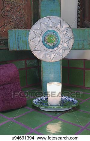 Southwest bathroom detail with cross and candle, Santa Fe, New Mexico, USA View Large Photo Image Picture - Southwest bathroom detail with cross and candle, Santa Fe, New Mexico, USA. Fotosearch