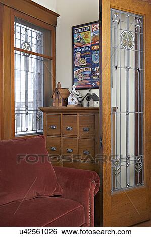 Stained Glass Leaded And Stained Glass In Doors Of Arts And Crafts Home Partial Sofa Old Cabinet With Birdhouse Collection Antique Advertising