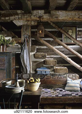 STAIRWAYS: Rustic stairs descending into kitchen area in restored log home, rustic decor, 1830's settlement bed with quilt, various antiques, pie safe, vintage mixing bowl filled with pears, Abraham Lincoln picture, bell, aprons, lantern View Large Photo Image Stock Image - STAIRWAYS: Rustic stairs descending into kitchen area in restored log home, rustic decor, 1830's settlement bed with quilt, various antiques, pie safe, vintage mixing bowl filled with pears, Abraham Lincoln picture, bell, aprons, lantern . Fotosearch