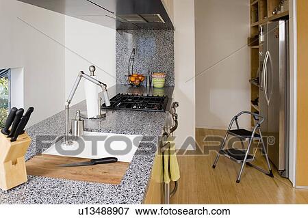 Stepstool in modern kitchen, San Diego, California, USA View Large Photo Image Stock Photo - Stepstool in modern kitchen, San Diego, California, USA. Fotosearch