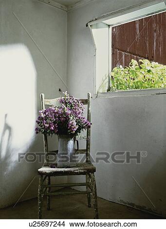 Picture - STILL LIFE: Weathered chair with flowers in enamel pitcher white washed wall in background, red barn through window. Fotosearch