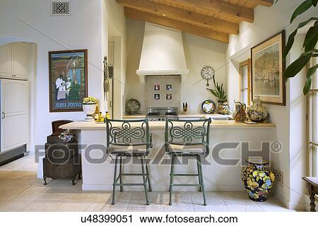 Stools by breakfast bar in kitchen, California, USA View Large Photo Image Stock Image - Stools by breakfast bar in kitchen, California, USA. Fotosearch