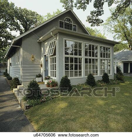 Sunrooms Front Of Small Grey Stucco Bungalow Addition Of