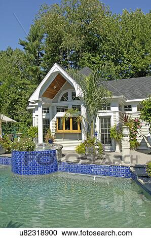Stock Image - Swimming pool in front of pool house. Fotosearch