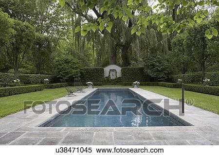 Stock Photography - SWIMMING POOLS: Formal shaped hedge garden with narrow pool, bluestone patio, white flowers in grey containers, straight on view with NO curved edge of patio to camera. Fotosearch