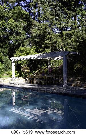 SWIMMING POOLS: vertical, pool in foreground, pergola with dining under View Large Photo Image Stock Photo - SWIMMING POOLS: vertical, pool in foreground, pergola with dining under. Fotosearch