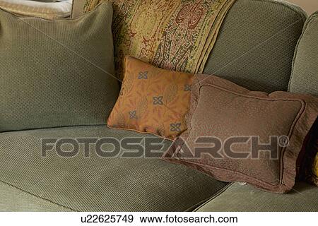 Stock Photograph Of Throw Pillows On Forest Green Sofa Carpinteria Throw Pillows On Forest Green Sofa Carpinteria California Usa