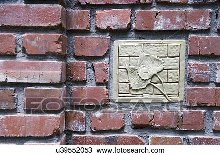 Stock Image - TILE: inset of aspen leaf tile, red brick garden wall near entrance to home. Fotosearch