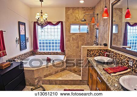 Tiled master bathroom, Laguna Beach, California, USA View Large Photo Image Stock Image - Tiled master bathroom, Laguna Beach, California, USA. Fotosearch