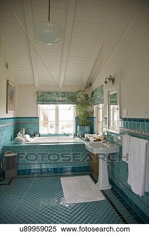 Stock Photography - Traditional bathroom with turquoise tiles; Carpinteria; California; USA. Fotosearch