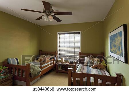Stock Photo - Twin beds in kids bedroom; Burbank; California; USA. Fotosearch