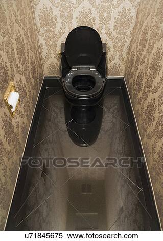 View looking down on to a black toilet on shiny black tiles; Montecito; California; USA View Large Photo Image Stock Photography - View looking down on to a black toilet on shiny black tiles; Montecito; California; USA. Fotosearch