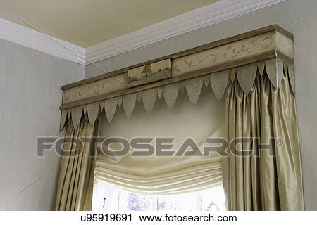 Window Treatments Painted Metal Cornice Gold Silk Drapes And