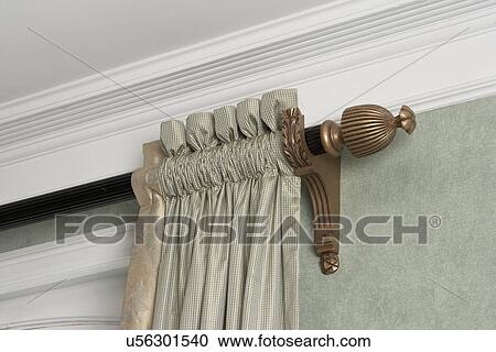 WINDOW TREATMENTS: sage green colors, detail of rod pocket ruffle edge curtain, crown molding, View Large Photo Image Stock Image - WINDOW TREATMENTS: sage green colors, detail of rod pocket ruffle edge curtain, crown molding,. Fotosearch