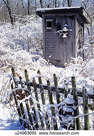 Winter: outhouse in snow, fence in foreground View Large Photo Image Stock Photography - Winter: outhouse in snow, fence in foreground. Fotosearch
