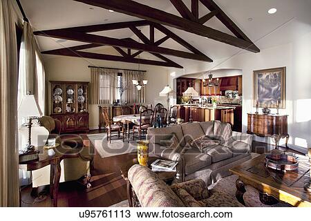 Stock Image - Wooden ceiling beams in great room, Laguna Beach, California, USA. Fotosearch