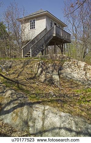 Stock Image - Wooden cottage in forest with bare trees. Fotosearch