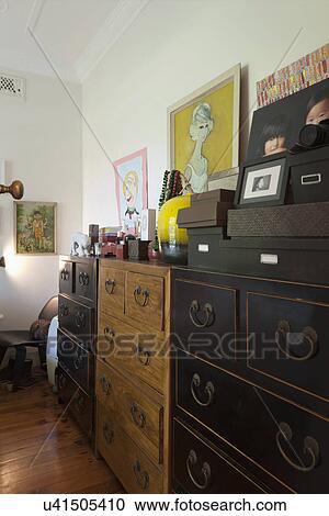 Stock Image - Wooden dressers in bedroom; Sydney; Australia. Fotosearch