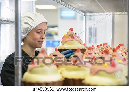 Stock Photography - Chocolatier arranging giant chocolate cupcakes in sweet factory. Fotosearch