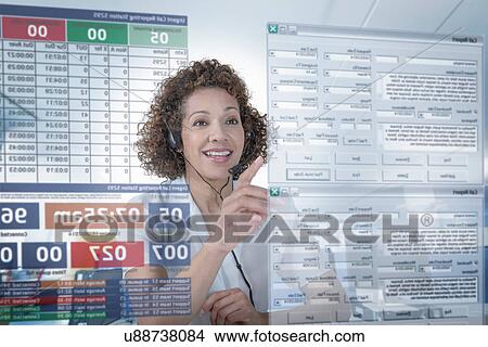 Picture - Customer service operator using interactive screen. Fotosearch