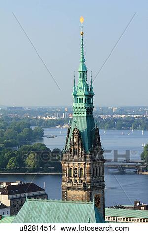 Elevated view of City Hall and Lake Alster, Hamburg, Germany View Large Photo Image Picture - Elevated view of City Hall and Lake Alster, Hamburg, Germany. Fotosearch