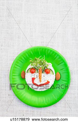 Stock Photo - Face made from fresh food on green plate. Fotosearch