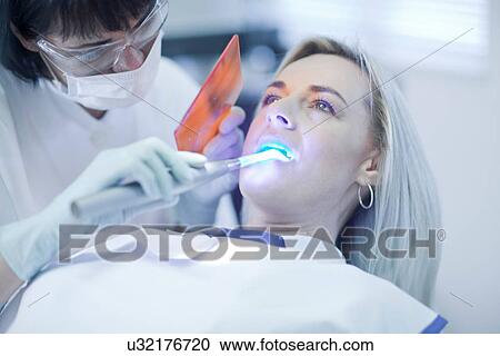 Stock Image - Female dentist using ultraviolet light on patients teeth. Fotosearch