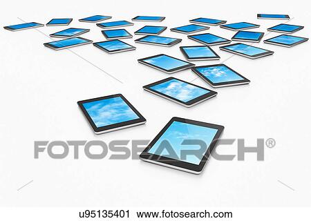Stock Image - Large group of digital tablets displaying choice of blue skies. Fotosearch