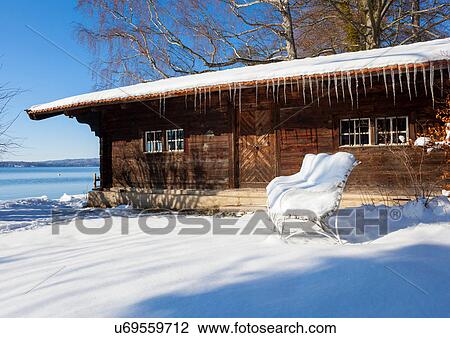 Snow covered log cabin, Lake Starnberg, Bavaria, Germany View Large Photo Image Stock Image - Snow covered log cabin, Lake Starnberg, Bavaria, Germany. Fotosearch
