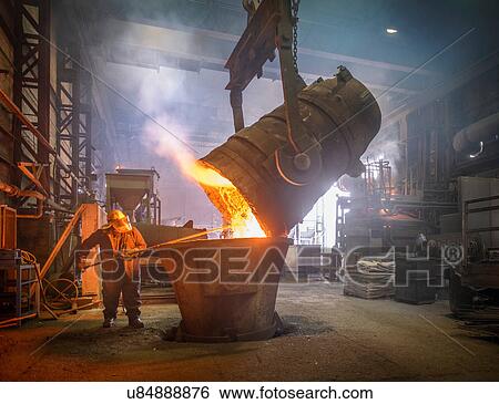 Steel worker and buckets of molten metal in steel foundry View Large Photo Image Stock Photograph - Steel worker and buckets of molten metal in steel foundry. Fotosearch