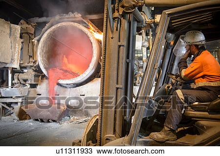 Stock Image - Worker monitoring molten aluminum running into mold. Fotosearch