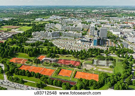 Stock Photo - Aerial view of Munich from Olympiaturm (Olympic Tower), Munich, Bavaria, Germany. Fotosearch